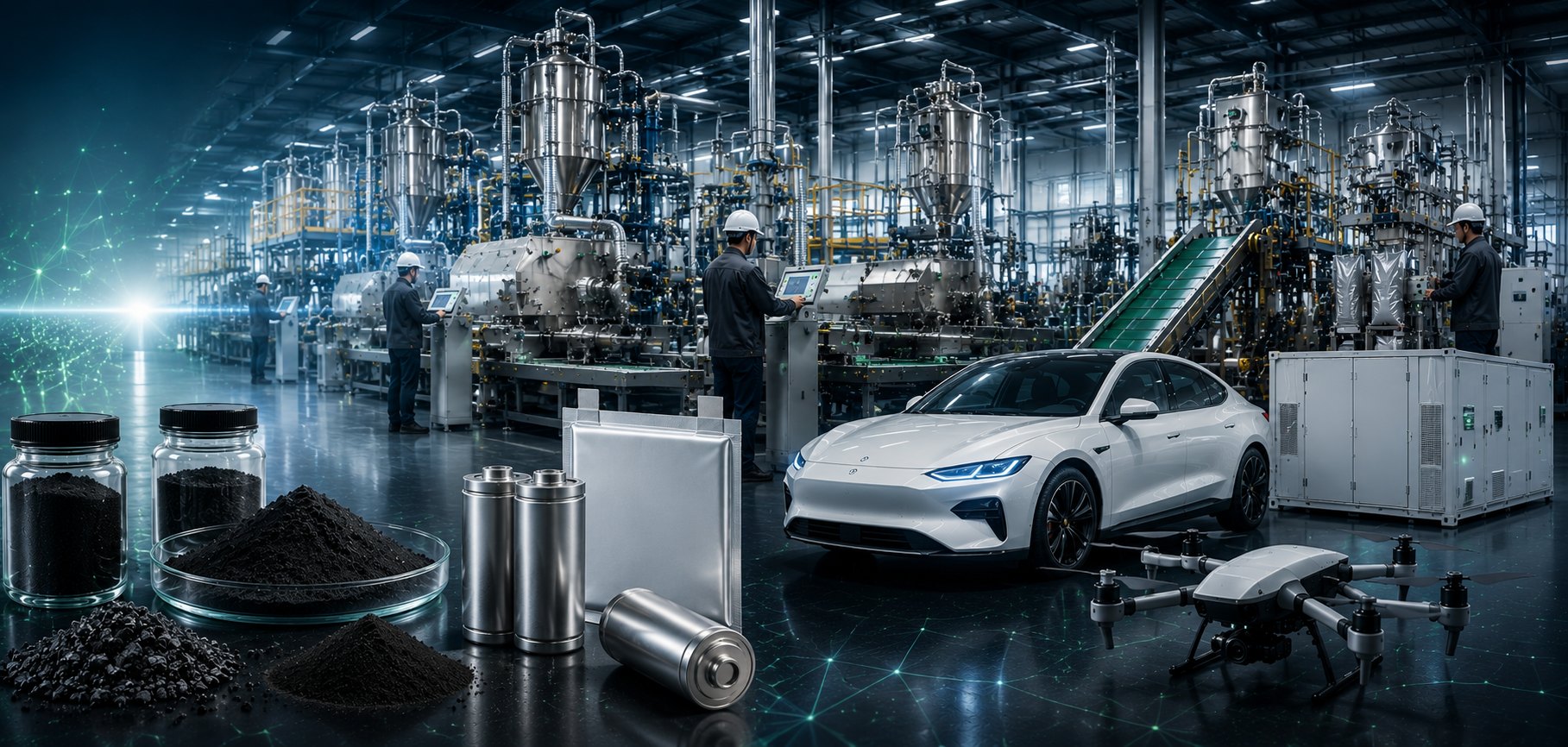 Advanced battery material production line and energy applications